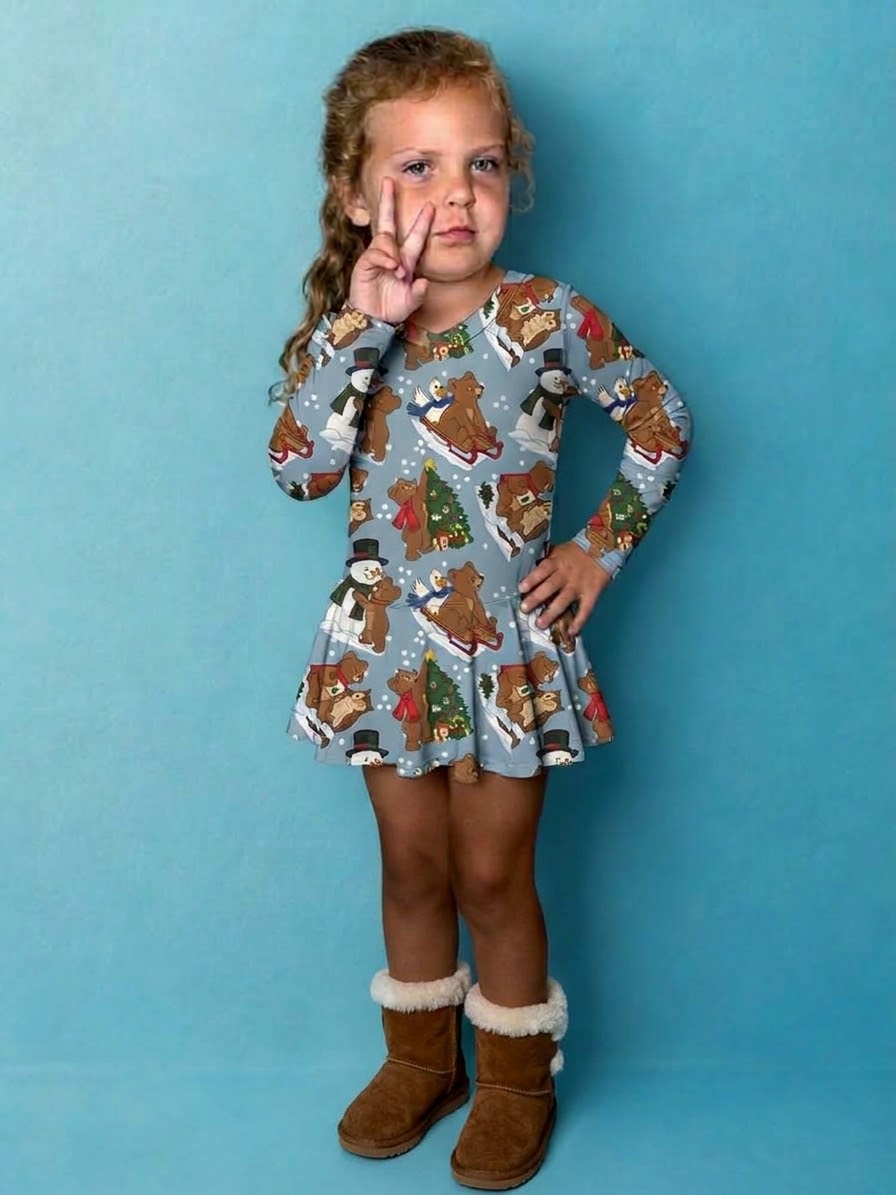 Beary Snow Day Bamboo Twirl Dress with snaps (Pre order with expected arrival end of November)