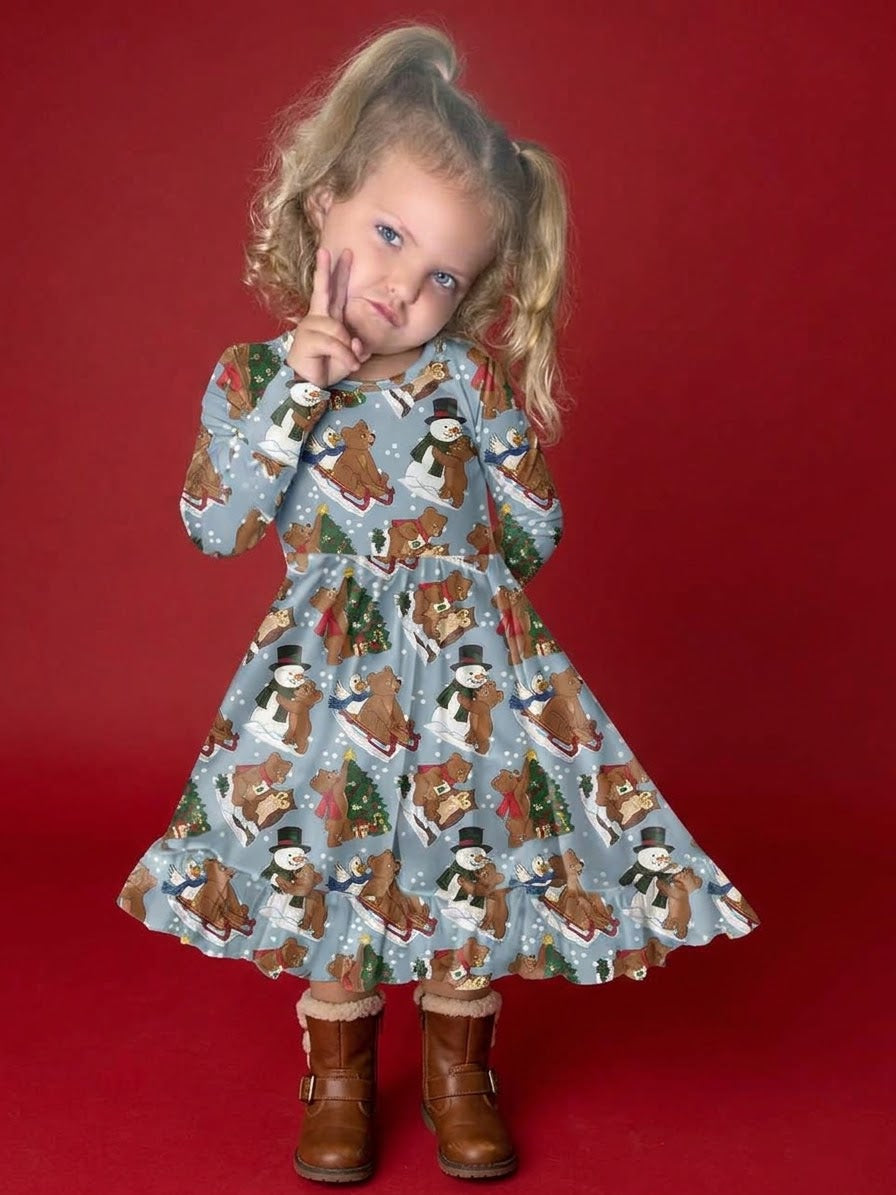 Beary Snow Day Bamboo Twirl Dress (Pre order with expected arrival time end of November)