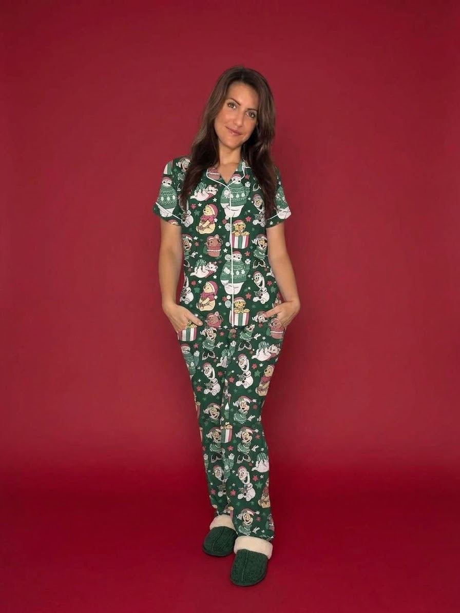 Snow Day Pals Adult Bamboo Button Up Top and Pants Pajamas Set (Pre Order with expected delivery end of November)