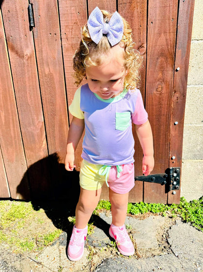 Color Block Purple & Green Bamboo Pocket Tee & Short Set
