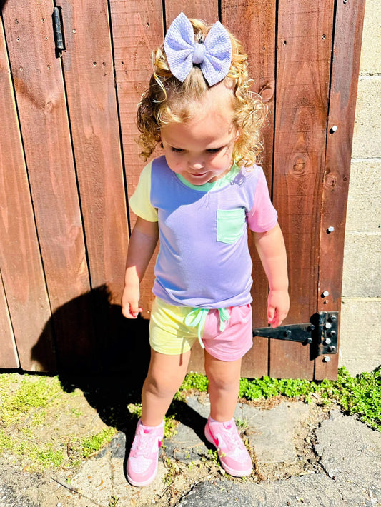 Color Block Purple & Green Bamboo Pocket Tee & Short Set