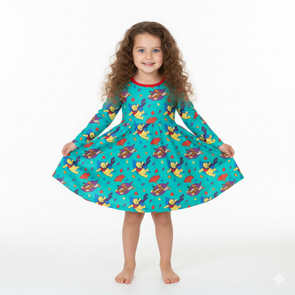 Young girl wearing a colorful dress with a pattern on a white background