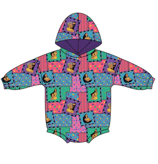 Colorful children's hoodie with patterned design on a white background