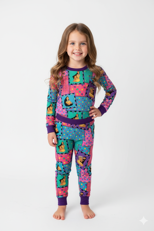 Child wearing colorful pajamas with a pattern on a white background