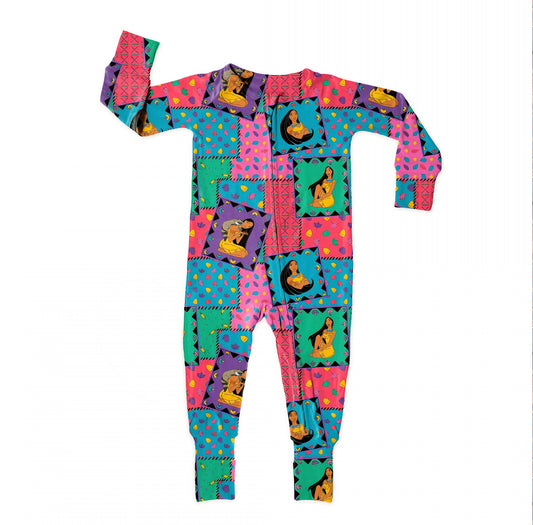 Colorful onesie with cartoon character design on a white background